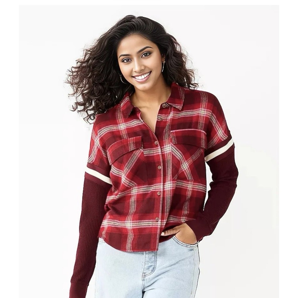 So Button Up Shirt Juniors/Teen Medium Multicolor Plaid Long Sleeve Stretch